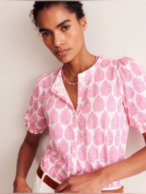 BODEN Pink White Floret Paisley Dolly Puff Sleeve Jersey Shirt T1601